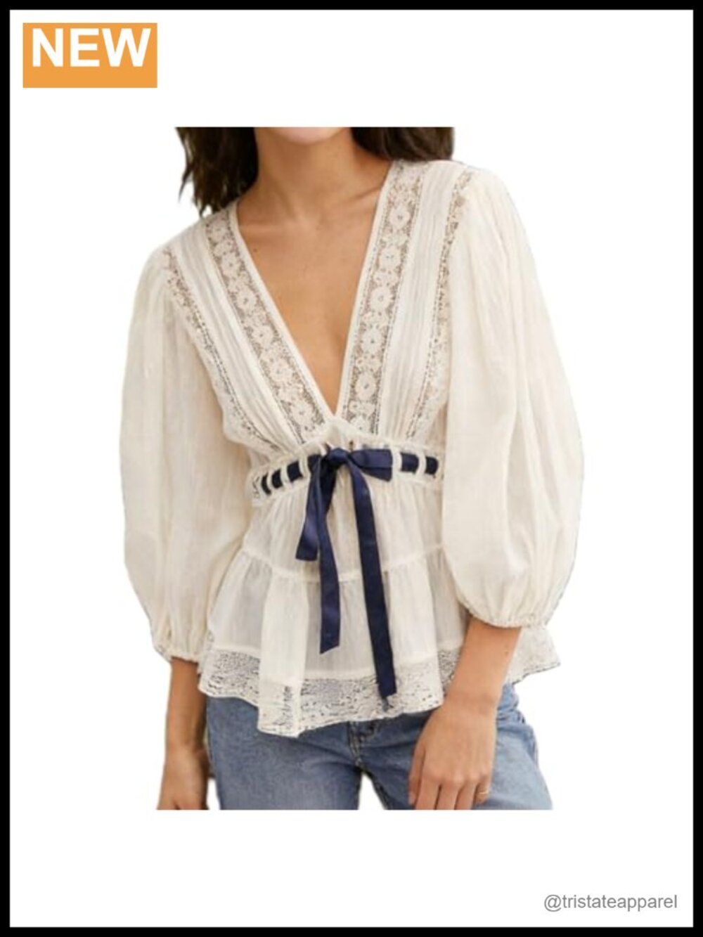 Y2K Lace Trim Boho Blouse Deep V Neck Puff Sleeve Tie Waist Ruffle Peplum